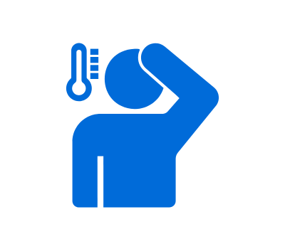 Icon of someone feeling their forehead next to a thermometer, implying that they are sick. 