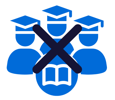 Icon of students with graduation caps on, with an X overlay, indicating that these children will not graduate or receive an education.